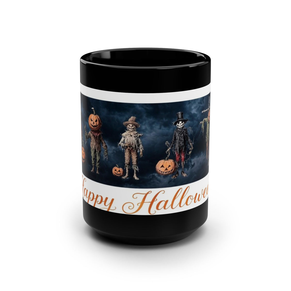 A black ceramic mug featuring a Halloween-themed wraparound print with scarecrows, pumpkins, and the text 'Happy Halloween' in orange script, shown on a clean white background. american gothic harvest vibes