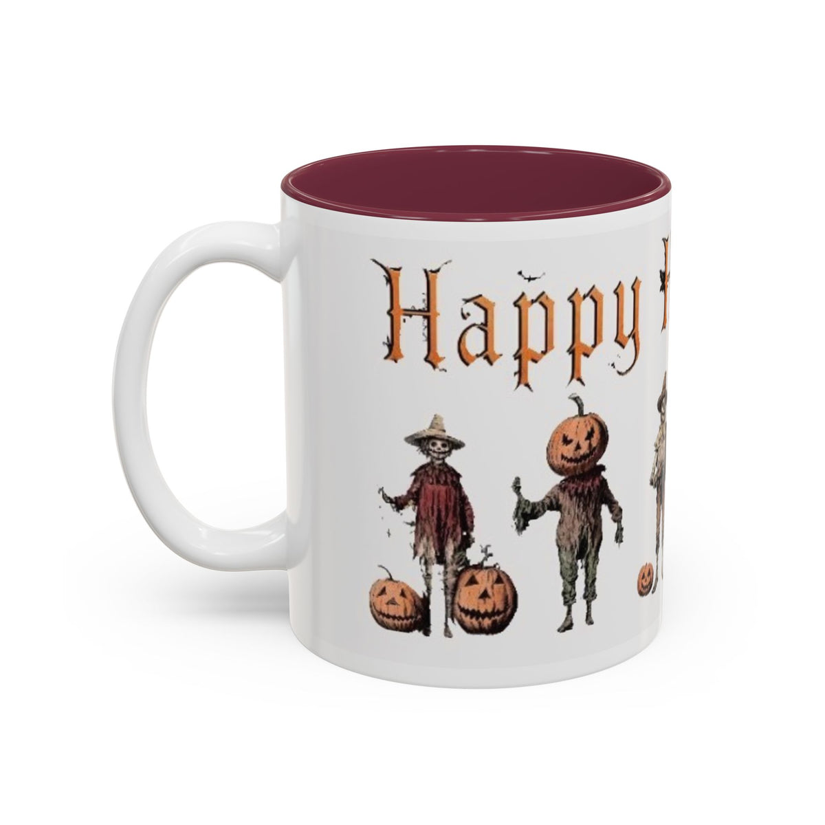 Happy Halloween Mug — Vintage Scarecrow & Pumpkin Accent Coffee Cup (11oz/15oz)