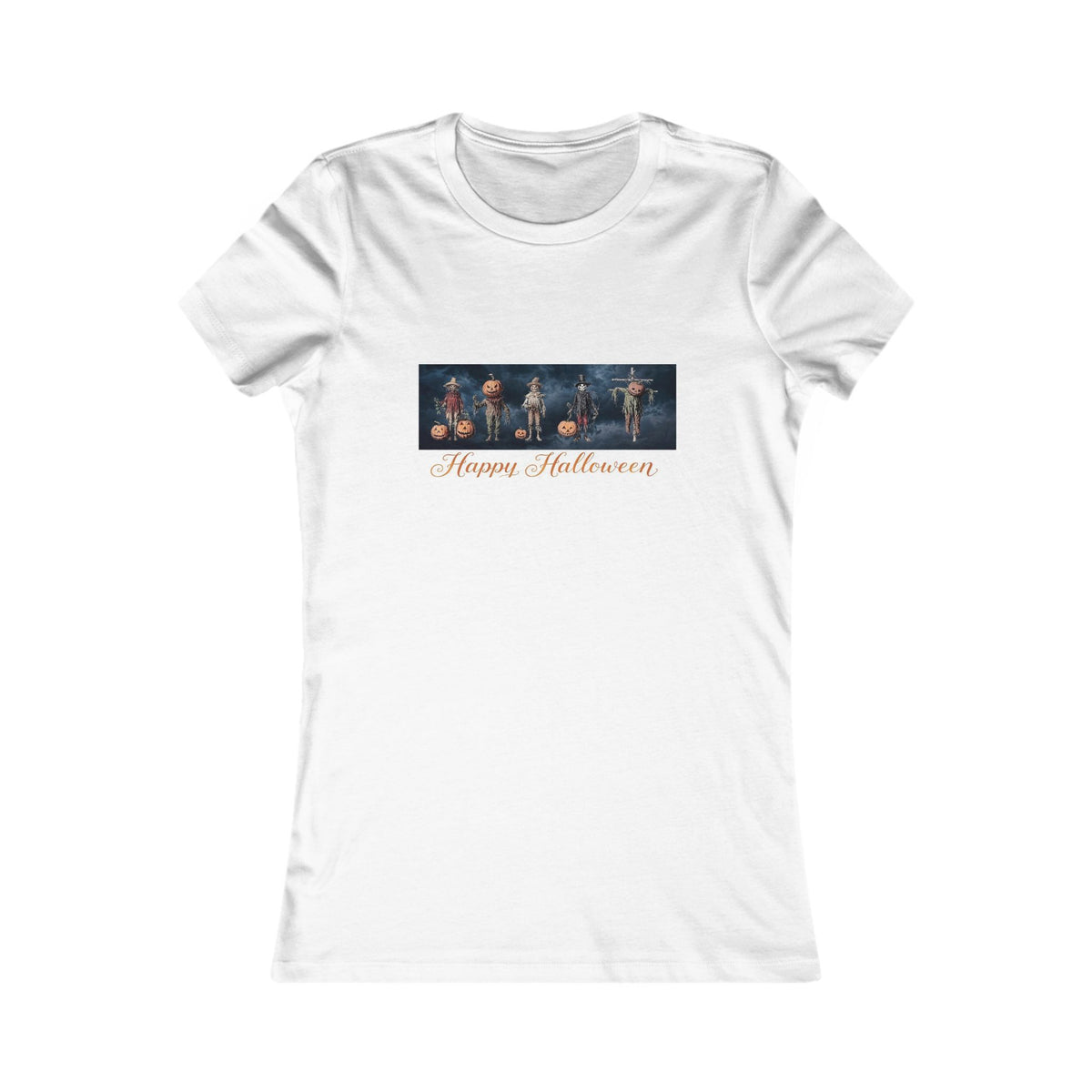 A white short-sleeve crewneck t-shirt with a horizontal graphic print on the chest depicting harvest scarecrows in Halloween costumes, with 'Happy Halloween' written in orange cursive below them. ancient harvest energy with lots of cozy cottage vibes