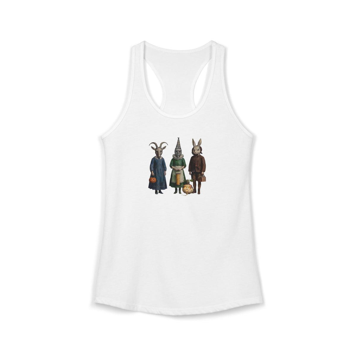 A white racerback tank top featuring a graphic print of three Victorian children trick or treaters in animal masks in victorian bookplate style classic strange victorian vibes