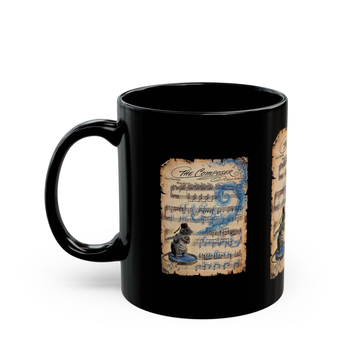 A black ceramic mug featuring a vintage-style printed design on the front with sheet music, parchment textures, and an illustration of an rat in a fez playing magic flute