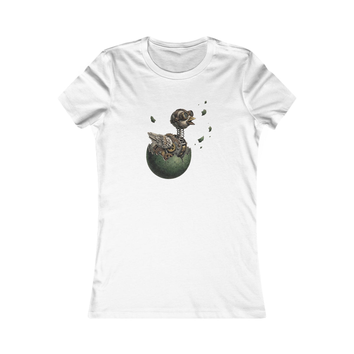 A short-sleeve crewneck t-shirt featuring a central graphic of a small mechanical steampunk chick hatching from a green shiny egg in victorian bookplate style. 