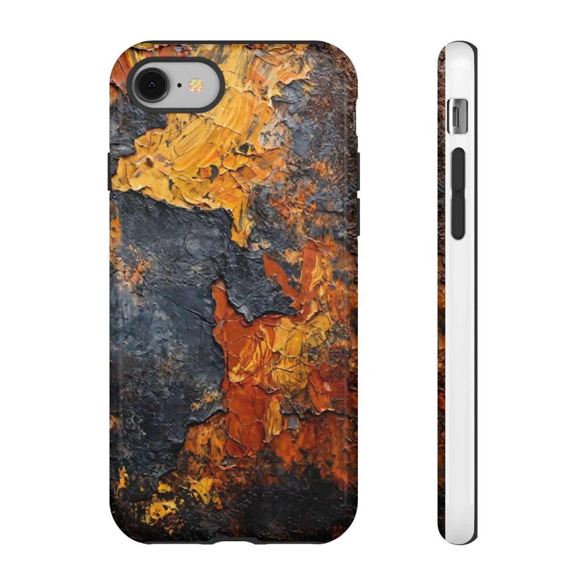 A phone case with a thick, textured impasto-style paint design in black, orange, and yellow, shown from the back and side. autumn color vibe background.