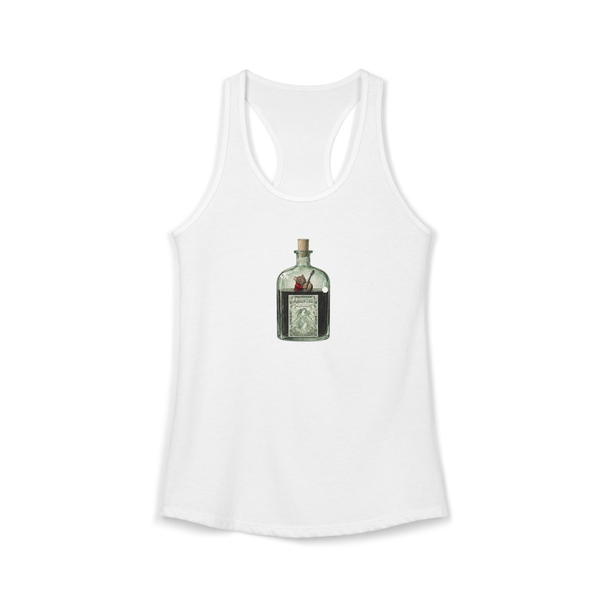 A white racerback tank top featuring a graphic print of a vintage Absinthe bottle with a cello-playing mouse in a waistcoat floating inside.  victorian bookplate style. very dark ephemera and cottage core vibes