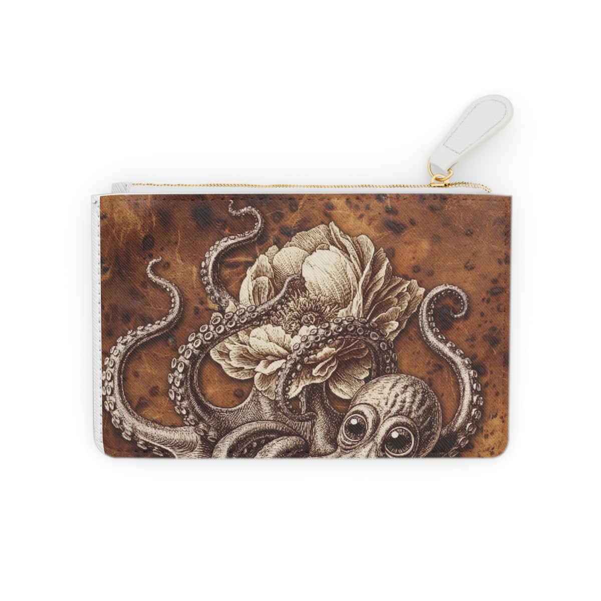 A rectangular zip pouch with a brown textured background and an illustration of an octopus wrapping around a large flower champagne shimmer colors The pouch has a white zipper pull and is photographed on an aged leather  background. so versatile looking. victorian grunge vibes. looks like small statement piece