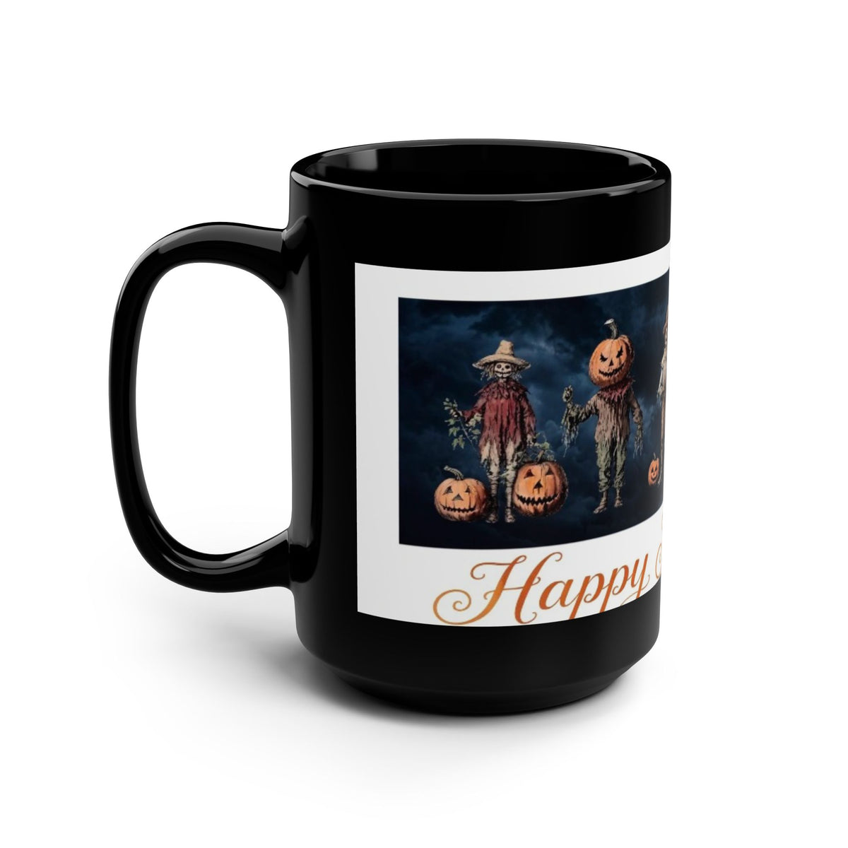 Harvest Scarecrows Cute and Spooky | Halloween Black Coffee Cup
