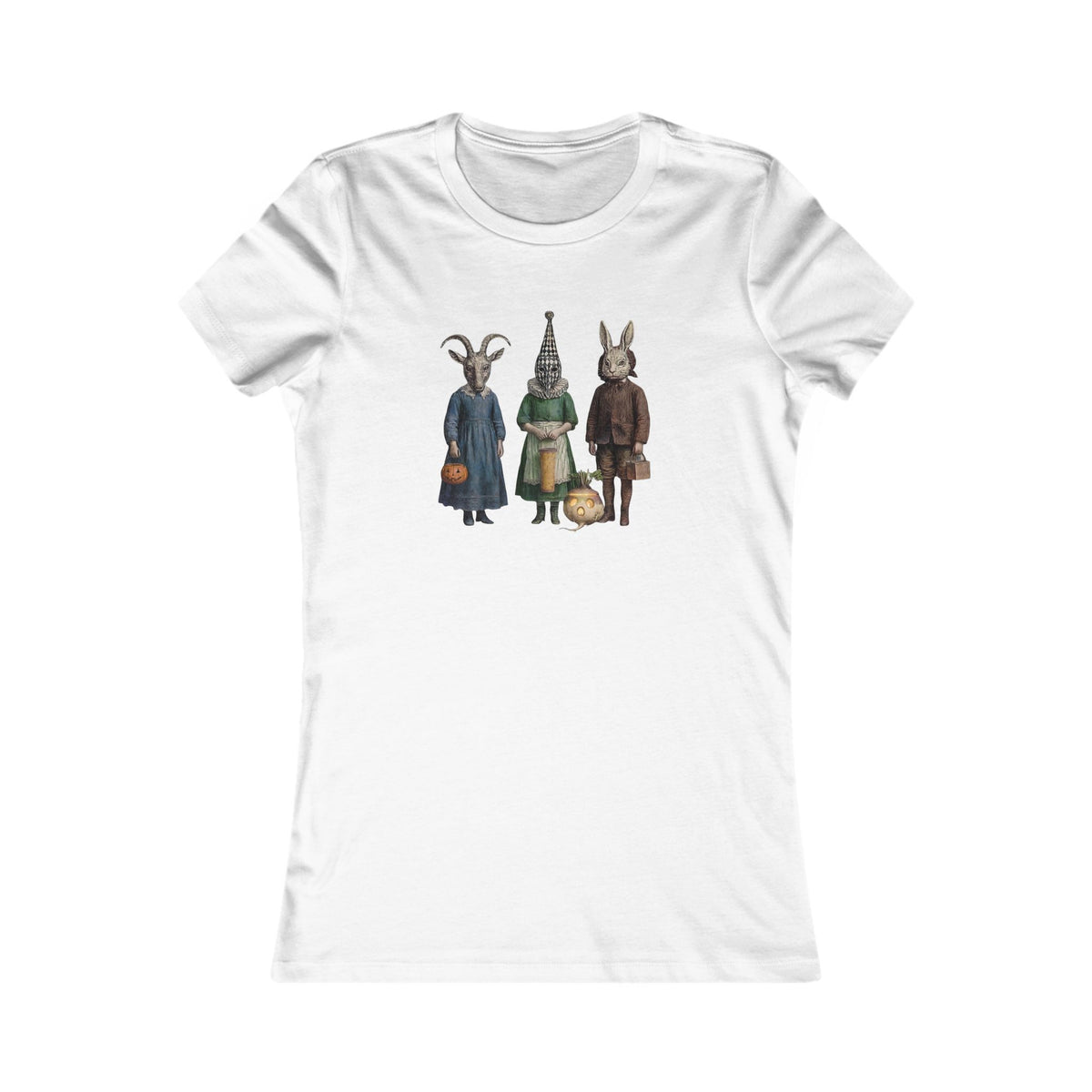 A white short-sleeve crewneck t-shirt featuring a vintage-style graphic of three victorian Halloween trick or treaters standing together on the chest, displayed against a solid white background.