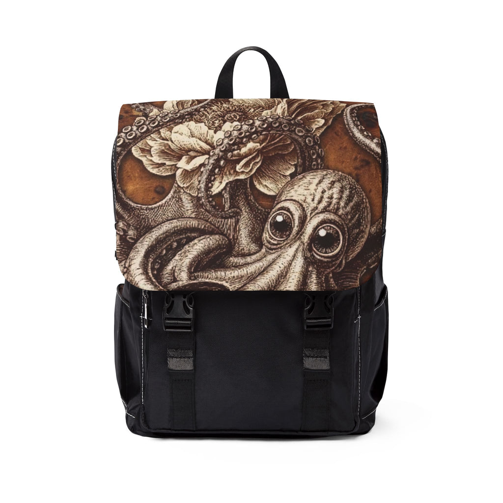 A backpack featuring a large sepia-toned octopus and floral illustration on the upper flap. champagne shimmer on aged leather look. looks like victorian grunge or mellow goth. octopus has big soulful eyes.  a stateent piece kind of look.