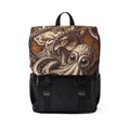 A backpack featuring a large sepia-toned octopus and floral illustration on the upper flap. champagne shimmer on aged leather look. looks like victorian grunge or mellow goth. octopus has big soulful eyes.  a stateent piece kind of look.