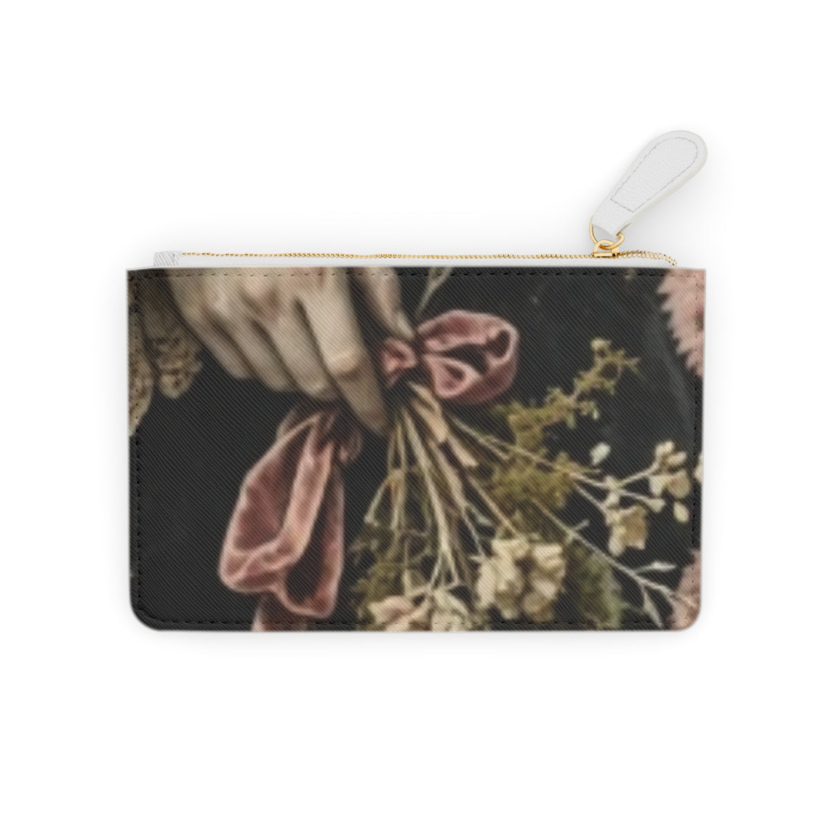 A rectangular zip pouch with a printed vintage-style floral and hand motif in muted pink, beige, and black tones, featuring a white zipper pull and gold zipper trim, shown on a plain white background. this image fits a goth style, it also fits dark cottage vibes