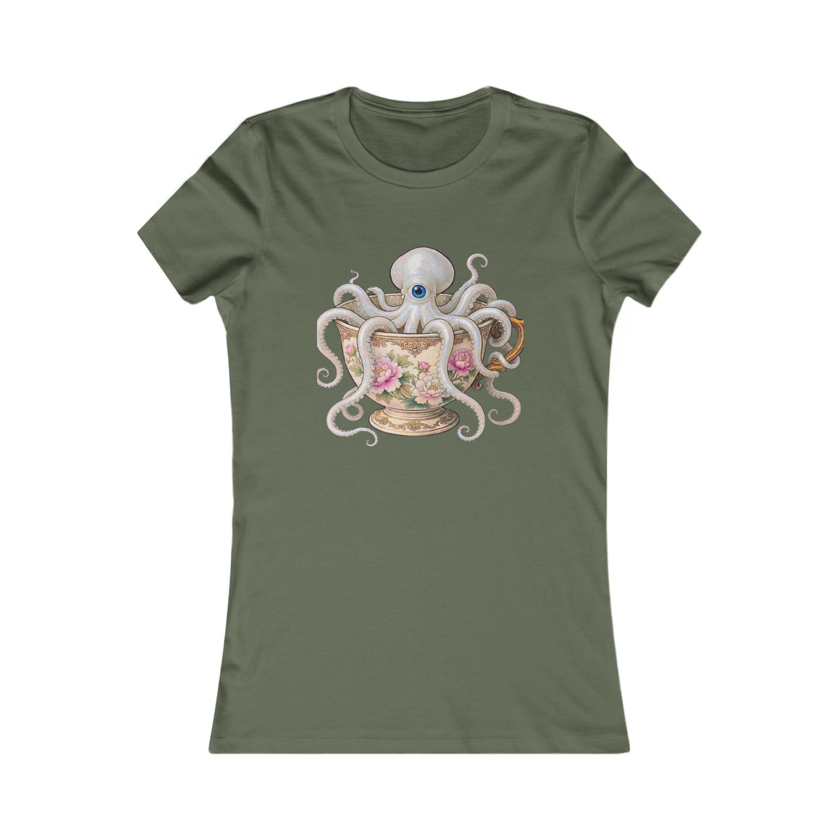 Black t-shirt with a victorian teacup holding a pearlescent squid with one eye. perfect for lovers of the strange, victorian, and gothic. a great cottage vibes  illustration 