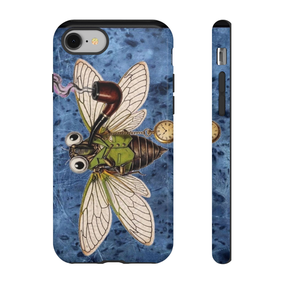 A phone case shown from the back and side on a white background. The case features a steampunk-style cicada design with green mechanical details, large clear wings, and floating pocket watch elements over a mottled blue background. this drawing fits a cottge core style and a steampunk style
