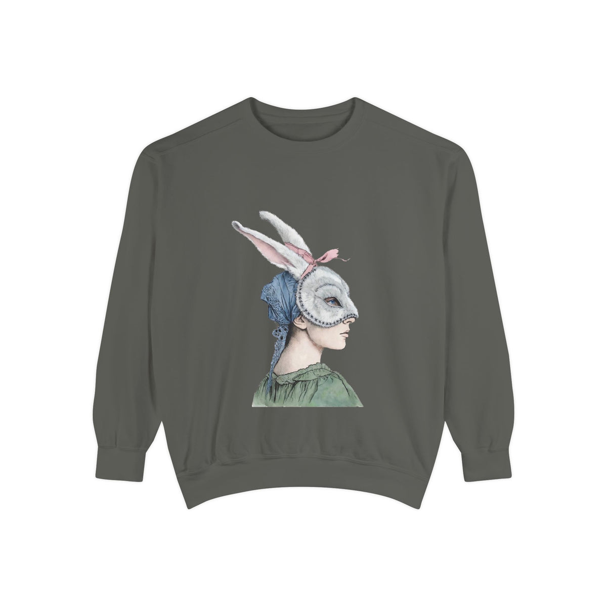 A dark gray crewneck sweatshirt featuring a central graphic print of a woman in profile wearing a white rabbit mask with long ears, a blue headscarf, and a green top, set against a plain white background. featuring a detailed Victorian cottage core illustration of a woman i a realistic bunny mask