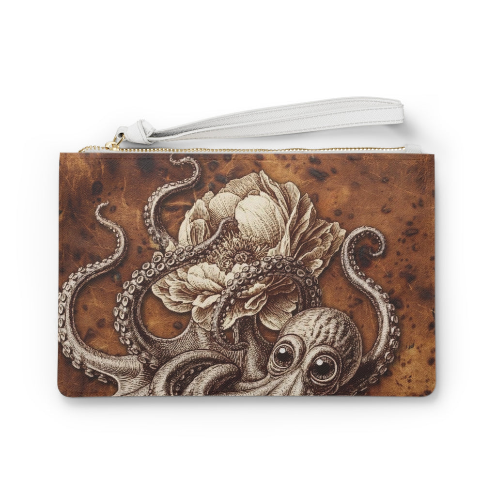 A small zip pouch with a wrist strap, featuring a detailed sepia-toned illustration of an octopus and flower on a textured brown background. An illustration of  moody and strange victorian pop surrealist vibes on the go.