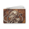 A small zip pouch with a wrist strap, featuring a detailed sepia-toned illustration of an octopus and flower on a textured brown background. An illustration of  moody and strange victorian pop surrealist vibes on the go.