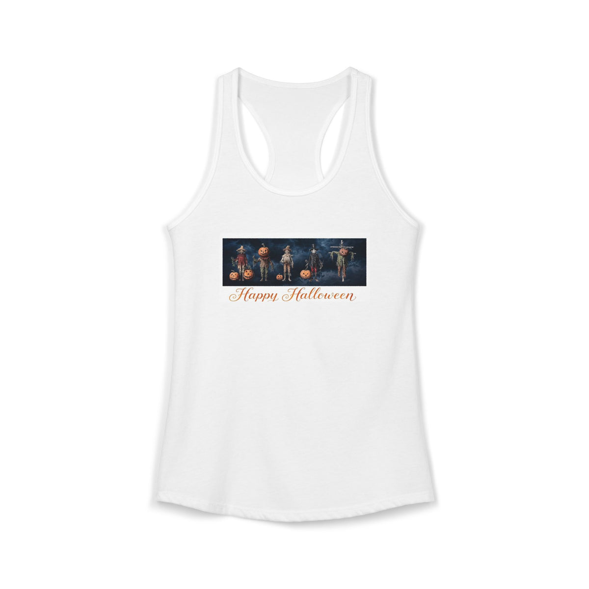 A white racerback tank top featuring a rectangular graphic on the chest with five Halloween harvest scarecrows  and the text 'Happy Halloween' in orange script, shown against a stormy blue  background. all rendered in Victorian bookplate style