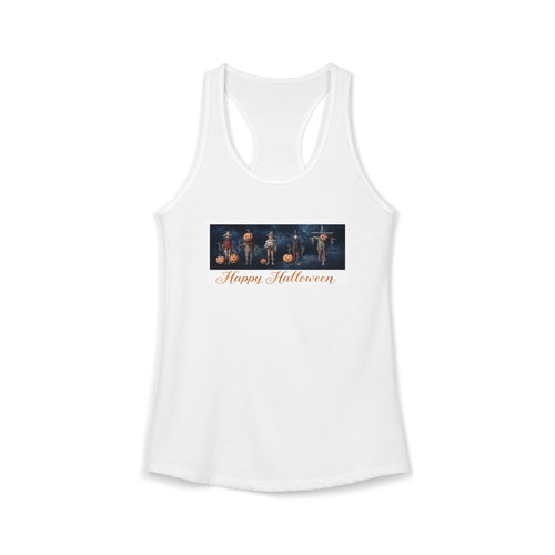 A white racerback tank top featuring a rectangular graphic on the chest with five Halloween harvest scarecrows  and the text 'Happy Halloween' in orange script, shown against a stormy blue  background. all rendered in Victorian bookplate style