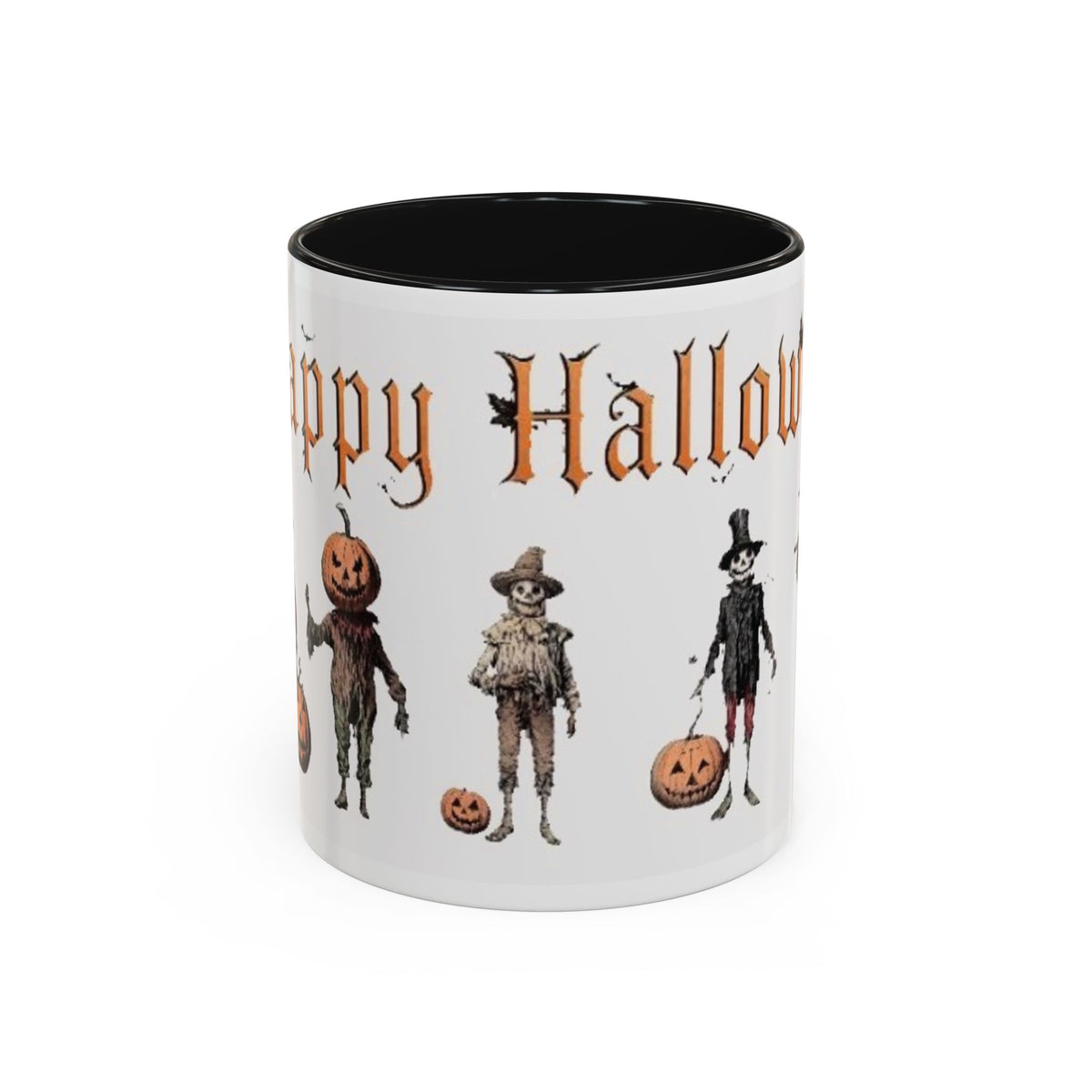 A white ceramic mug with a black interior, featuring a 'Happy Halloween' design with illustrations of five scarecrows:  a pumpkin-headed figure, a scarecrow, a skeleton in a top hat, and jack-o'-lanterns. cheerful fall energy
