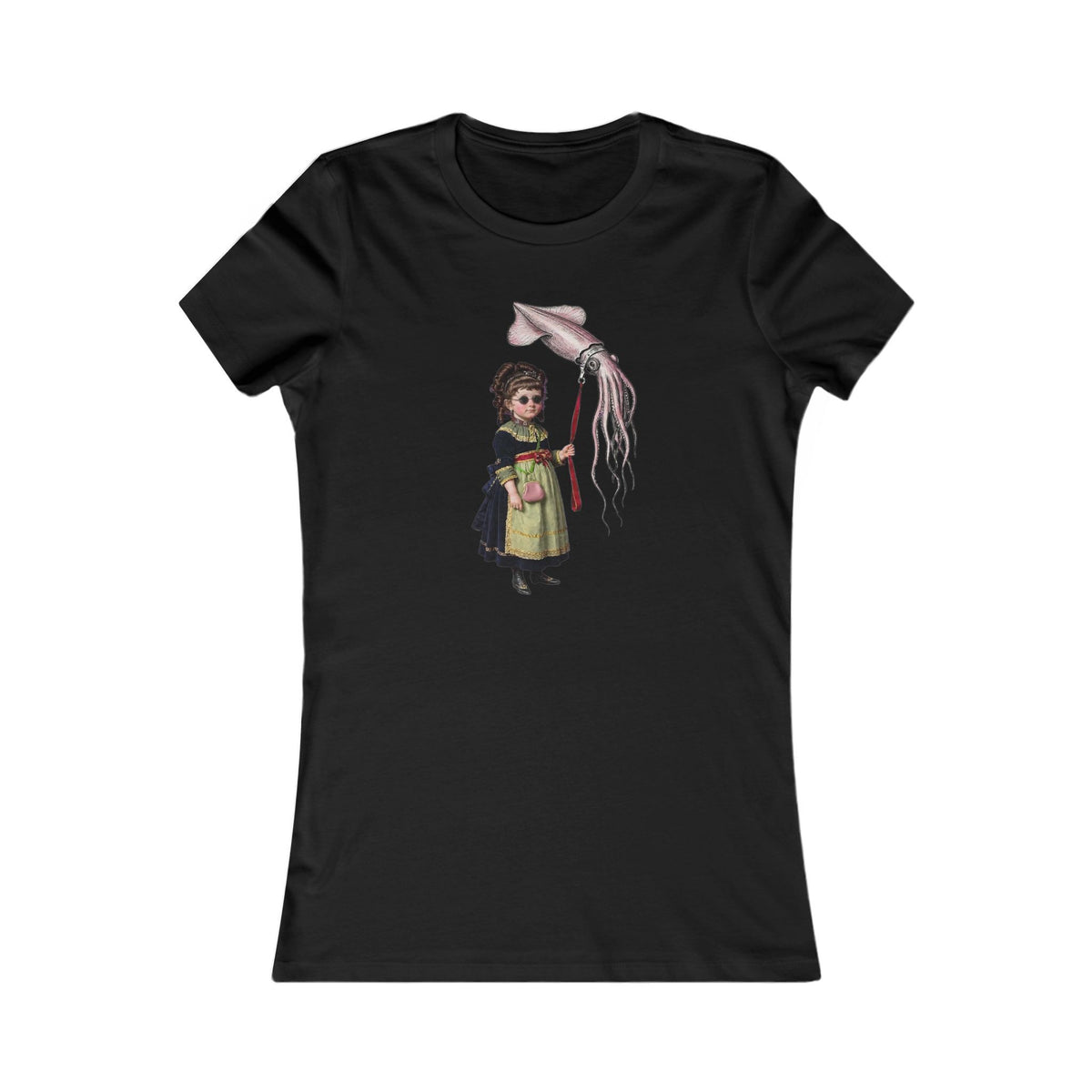 A black  short-sleeve crewneck t-shirt featuring a vintage-style graphic print of a victorian girl in a velvet dress with attitude,  posing with her floating pet squid perfect for lovers of the surreal, the strange, and dark cottage vibes.