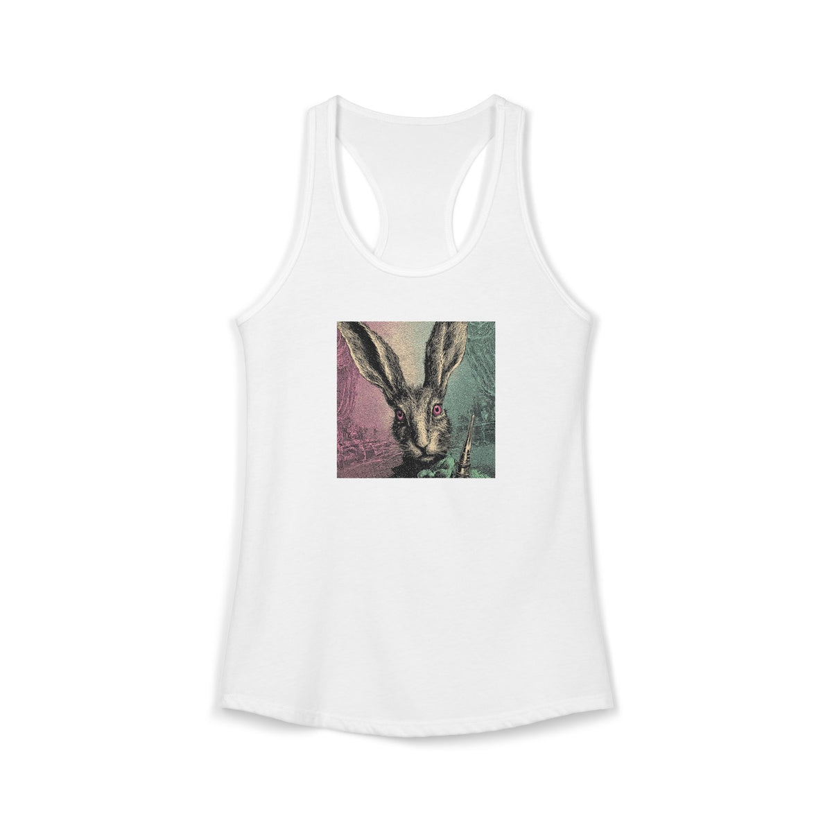 A white racerback tank top featuring a square graphic print of a victorian bookplate illustration of a  rabbit with a monocle on a light pink and green  background. dystopian illustration of an inscrutable harbinger of the apocalypse