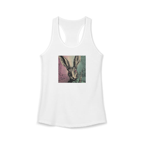 A white racerback tank top featuring a square graphic print of a victorian bookplate illustration of a  rabbit with a monocle on a light pink and green  background. dystopian illustration of an inscrutable harbinger of the apocalypse