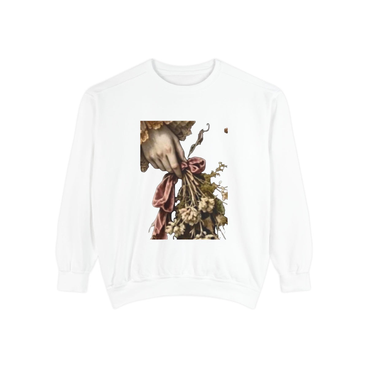 A white crewneck sweatshirt featuring a vintage-style graphic print of a hand holding a bouquet of dried flowers and a pink ribbon, displayed against a solid white background. featuring a detailed Victorian bookplate style illustration of an elegant hand holding a bouquet of dried flowers wrapped in a dusty pink ribbon dark moody cottage core aesthetic