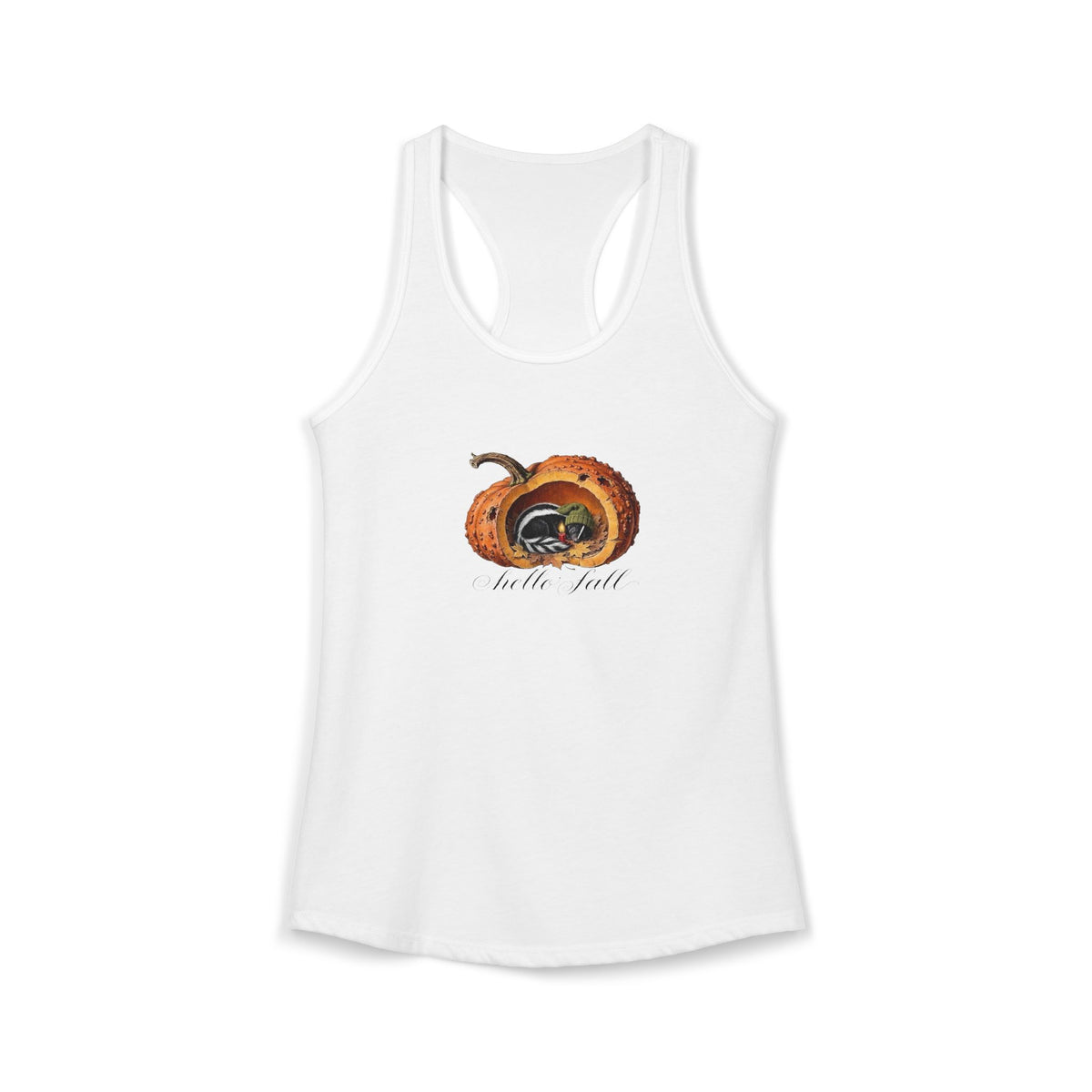 A white racerback tank top featuring a graphic of a carved orange cozy autumn pumpkin with a cute skunk ins  a stocking cap napping curled around a warming candle inside and the cursive text 'hello fall' printed below it, shown against a plain white background.