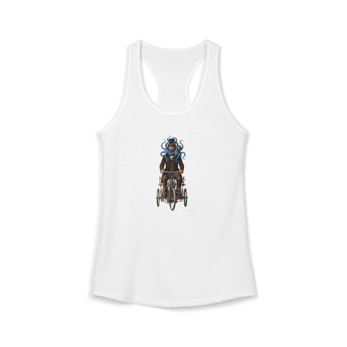 A white racerback tank top featuring a central graphic of a Victorian gent on a steampunk tricycle with a blue octopus companion who may or may not be using mind control.
