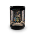 A black ceramic mug featuring a detailed wrap-around illustration of three victorian children  in Victorian-style animal masks standing on a stone porch with pumpkins and autumn leaves. looks like Halloween.