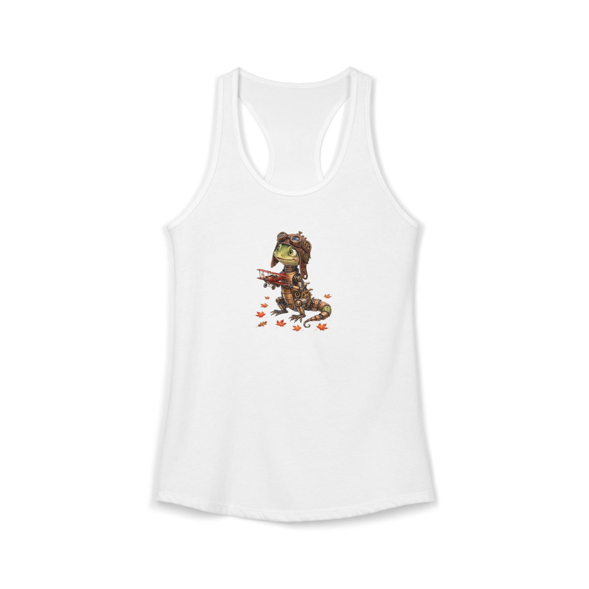 A white racerback tank top featuring a central graphic of a cute green steampunk  lizard character wearing an aviator cap  and holding a bi plane surrounded by autumn  leaves, shown against a plain white background. this image is perfect for lovers of steampunk and victorian cottage energy