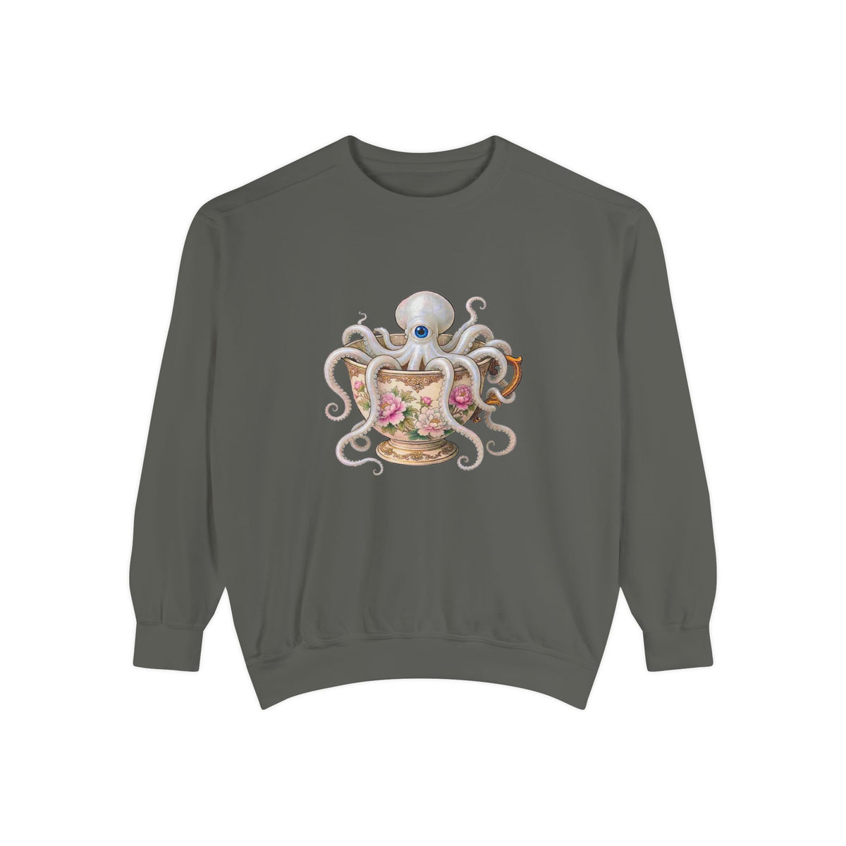  featuring a detailed engraving of a whimsical squid in a teacup with cozy yet strange Victorian vibes